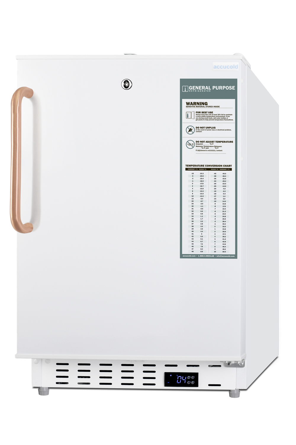 Built-in undercounter ADA compliant +2 C to +8 C all-refrigerator in white with pure copper towel bar handle, lock, digital controls, wire shelving, hospital cord with 'green dot' plug, factory installed access port, and automatic defrost operation